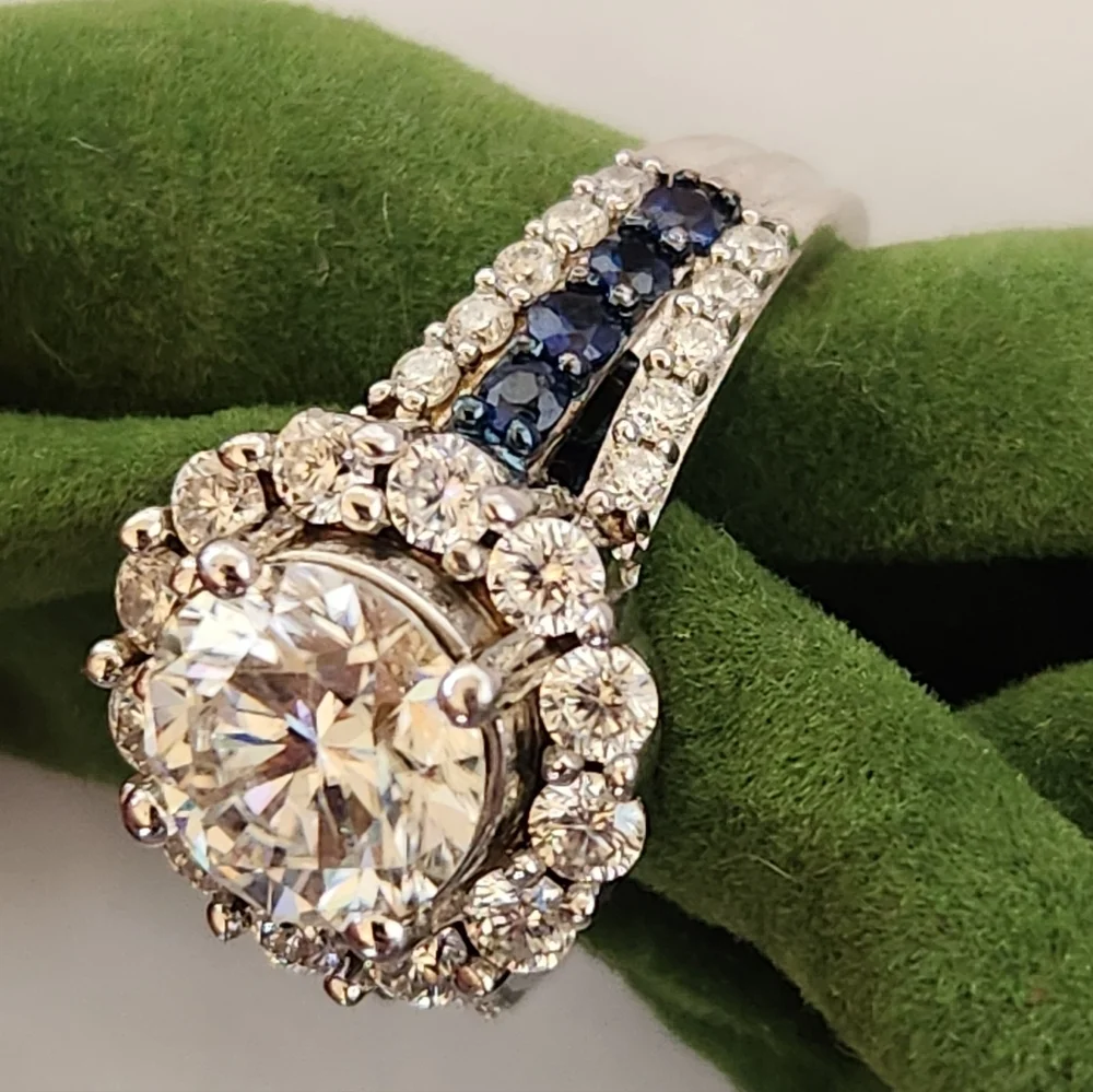 Moissanite Fire Blue Sapphire Platineve 925 Silver Ring - Picture 14 of 16